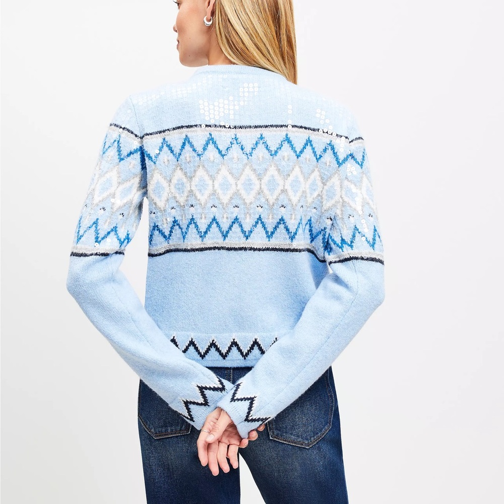 LOFT Sequin Fair Isle Sweater Jacket Light Blue size XS Cotton Blend - Picture 4 of 9